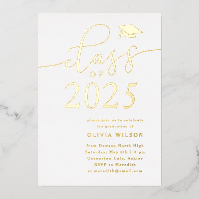 Class of 2025 Grad Party White Gold Foil Invitation (Front)