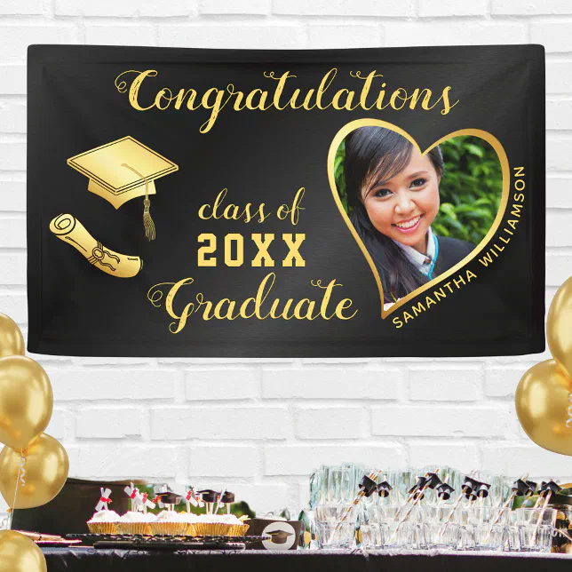 Class of 2025 Grad Photo Black and Gold Graduation Banner | Zazzle