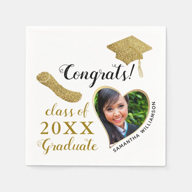 Class of 2025 Grad Photo White and Gold Graduation Napkins (Front)