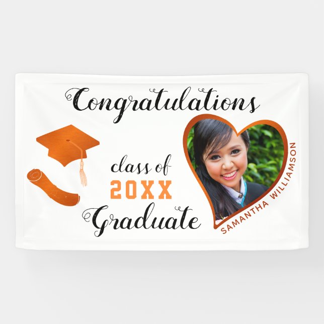 Class of 2025 Grad Photo White & Orange Graduation Banner (Horizontal)