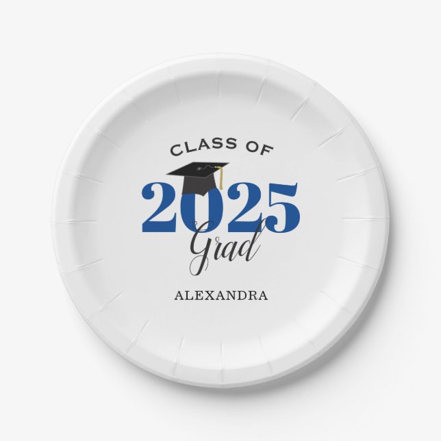 Class of 2025 Grad Simple Blue and Black Paper Plates (Front)