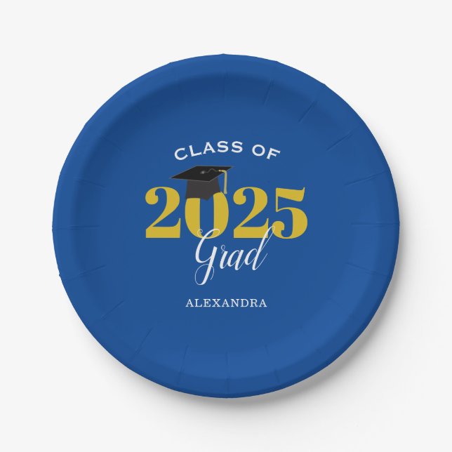 Class of 2025 Grad Simple Blue and Gold  Paper Plates (Front)