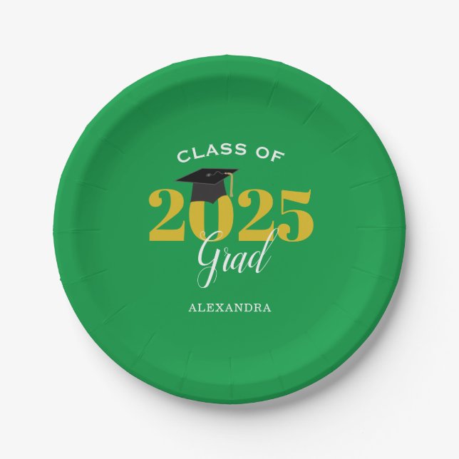 Class of 2025 Grad Simple Green and Gold Paper Plates (Front)
