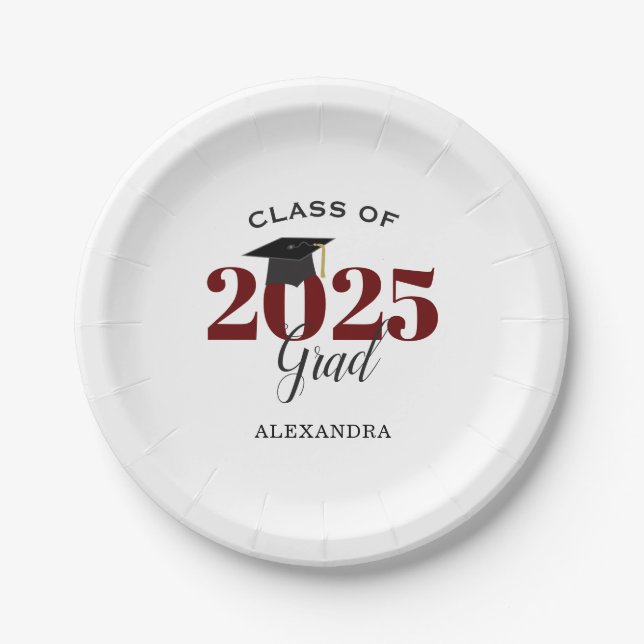 Class of 2025 Grad Simple Maroon and Black Paper Plates (Front)