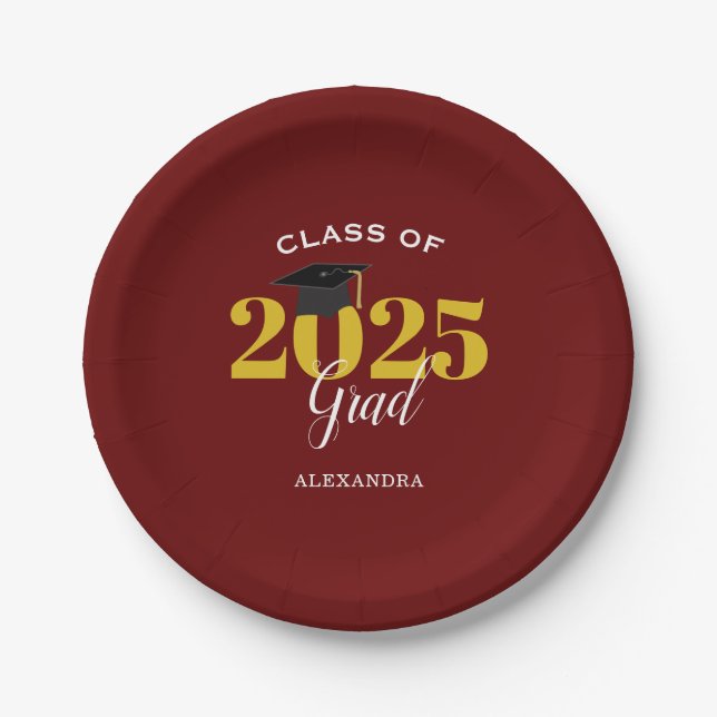 Class of 2025 Grad Simple Maroon and Gold Paper Plates (Front)