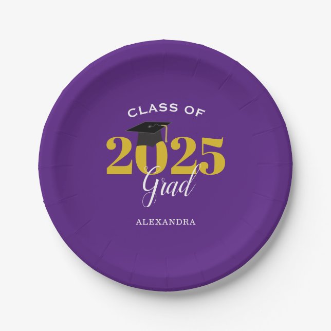 Class of 2025 Grad Simple Purple and Gold Paper Plates (Front)