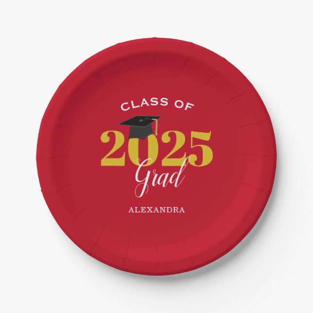 Class of 2025 Grad Simple Red and Gold Paper Plates (Front)