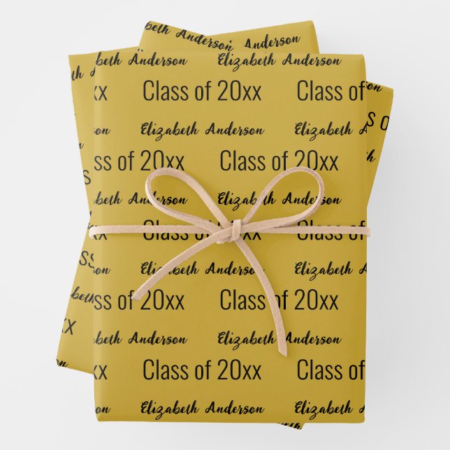 Class of 2025 Grads Full Name Black and Gold Wrapping Paper Sheets (In situ)