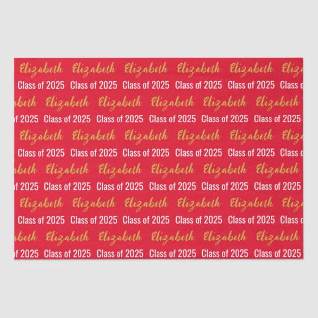 Class of 2025 Grad's Name Red Black White Gold Tissue Paper (Front)