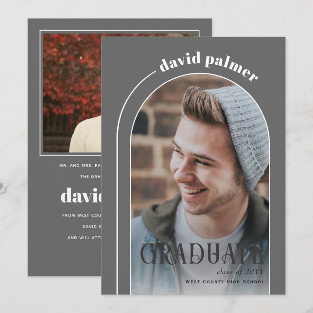 Class of 2025 GRADUATE arch grey photo Announcement (Front/Back)