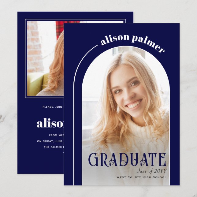 Class of 2025 GRADUATE arch navy blue photo Invitation (Front/Back)