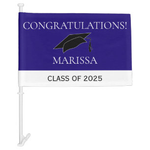 Class of 2025 Graduate Blue White Graduation Cap  Car Flag