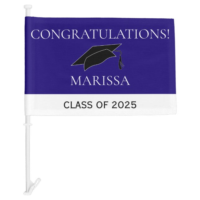 Class of 2025 Graduate Blue White Graduation Cap  Car Flag (Front)