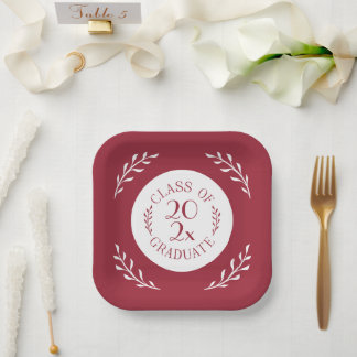 Class Of 2025 Graduate Burgundy White Botanical Paper Plates