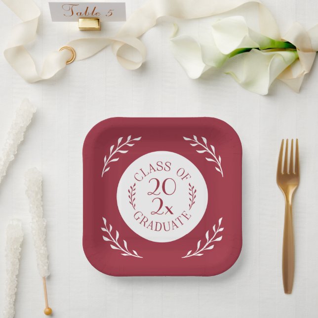 Class Of 2025 Graduate Burgundy White Botanical Paper Plates (Wedding)