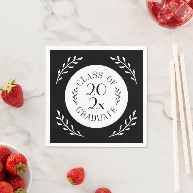 Class Of 2025 Graduate Chic Black White Botanical Napkins (Insitu)