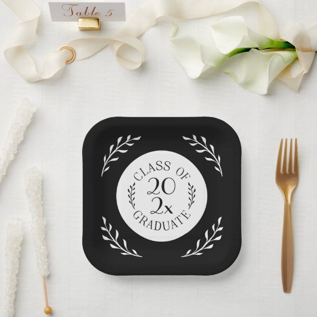 Class Of 2025 Graduate Chic Black White Botanical Paper Plates (Wedding)