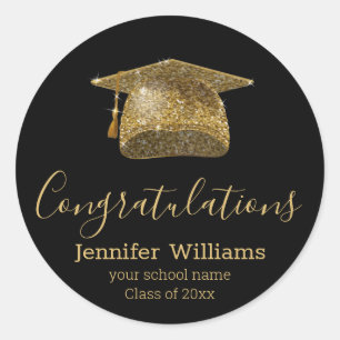 Class of 2025 graduate gold hat stylish black classic round sticker