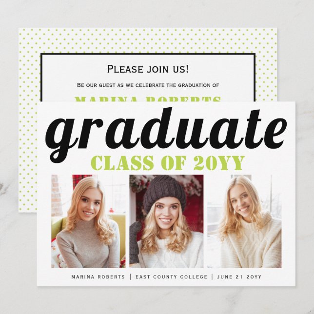Class of 2025 graduate lime green typography photo invitation (Front/Back)
