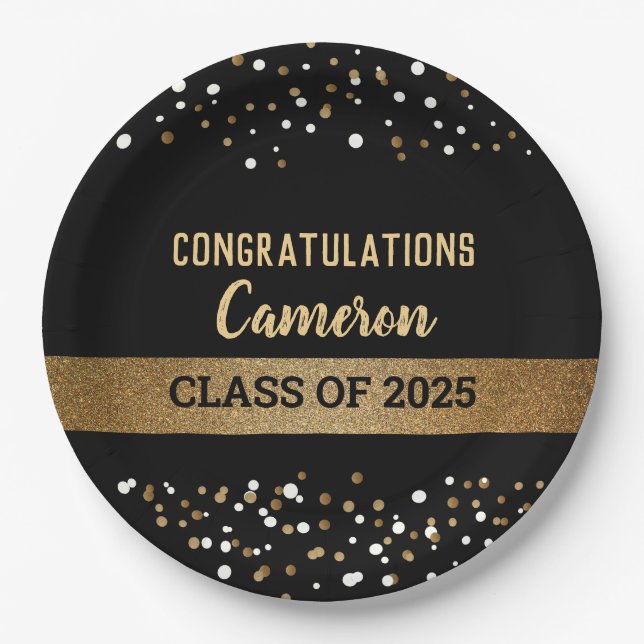 Class of 2025 Graduate Name Gold Confetti Paper Plates (Front)