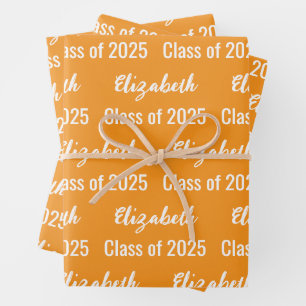 Class of 2025 Graduate Name Royal Orange and White Wrapping Paper Sheets