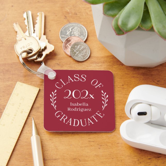Class of 2025 Graduate Name Typography Burgundy Keychain (Desk)