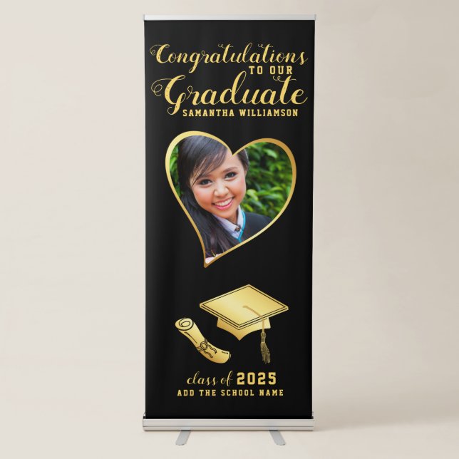 Class of 2025 Graduate Photo Black Gold Graduation Retractable Banner (Front)