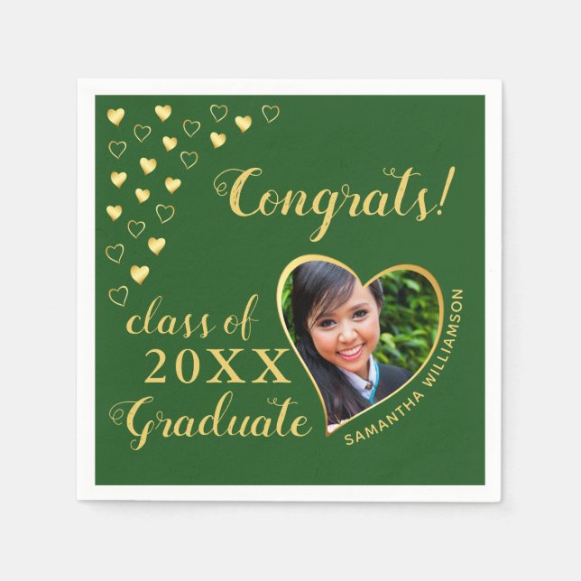Class of 2025 Graduate Photo Green & Gold Elegant  Napkins (Front)
