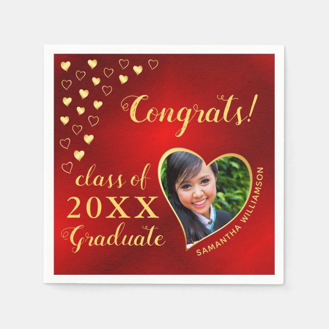 Class of 2025 Graduate Photo Red & Gold Elegant Napkins (Front)
