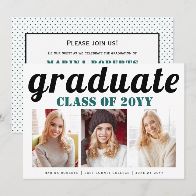 Class of 2025 graduate teal blue typography photo invitation (Front/Back)