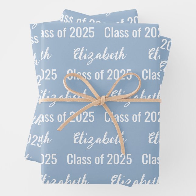 Class of 2025 Graduate's Name Baby Blue and White Wrapping Paper Sheets (In situ)