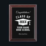Class of 2025 graduation award plaques for student<br><div class="desc">Class of 2025 graduation award plaques for student. Tassel hat logo with custom year and high school name. Customizable colors. Add your own congratulations message and name. Also nice for college grads and others who have studied hard and passed exams. Elegant design with wooden frame.</div>