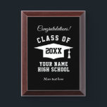 Class of 2025 graduation award plaques for student<br><div class="desc">Class of 2025 graduation award plaques for student. Tassel hat logo with custom year and high school name. Customizable colors. Add your own congratulations message and name. Also nice for college grads and others who have studied hard and passed exams. Elegant design with wooden frame.</div>