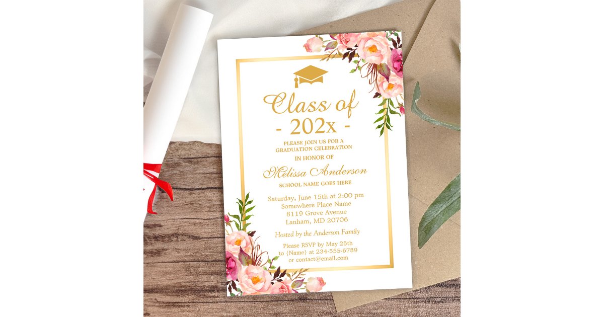 Class of 2025 Graduation Elegant Chic Floral Gold Invitation | Zazzle