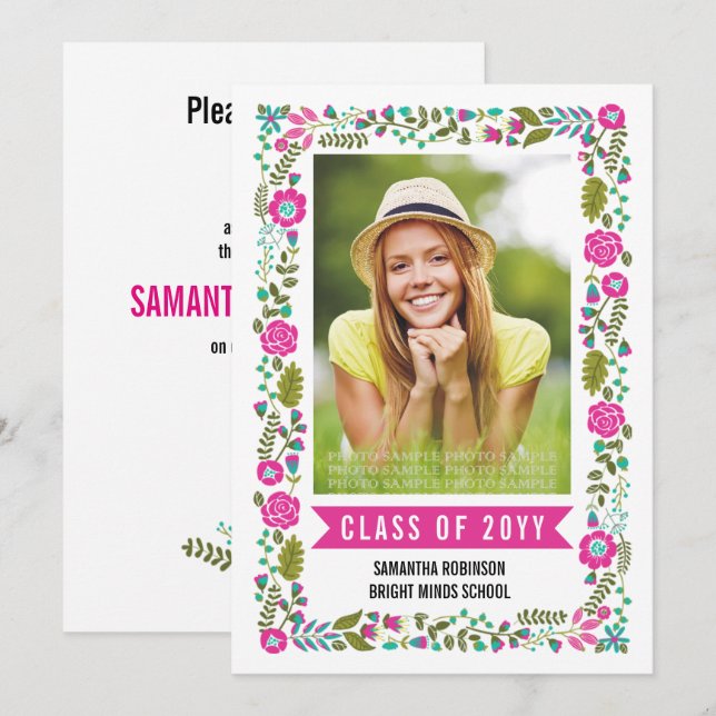 Class of 2025 graduation pink floral border photo invitation (Front/Back)