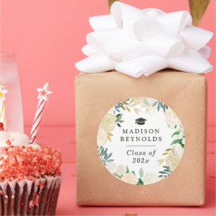 Class of 2025 Graduation White Green Gold Floral Classic Round Sticker