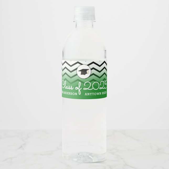 Class of 2025 Green and Black Chevrons Graduation Water Bottle Label (Front)