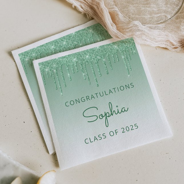 Class of 2025 Green Glitter Drip Graduation Napkins (Creator Uploaded)