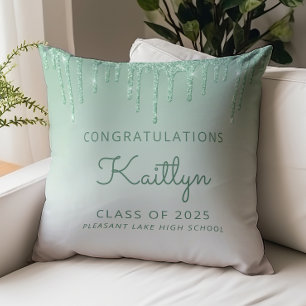 Class of 2025 Green Glitter Drip Graduation Throw Pillow