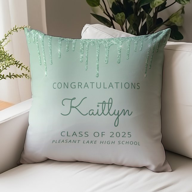 Class of 2025 Green Glitter Drip Graduation Throw Pillow (Creator Uploaded)
