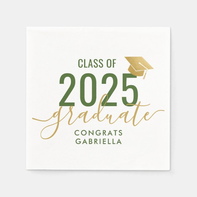 Class of 2025 Green White Gold Graduation Party Napkins (Front)