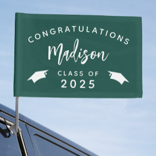 Class of 2025 Green White Script Graduation Car Flag