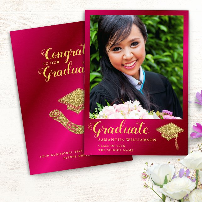 Class of 2025 Hot Pink and Gold Photo Graduation Announcement (Creator Uploaded)