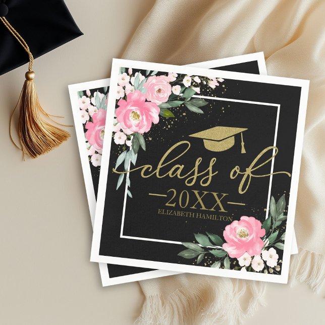 Class Of 2025 Hot Pink Floral Grad Party Black Napkins (Creator Uploaded)