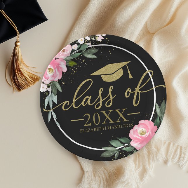 Class Of 2025 Hot Pink Floral Grad Party Black Paper Plates (Creator Uploaded)