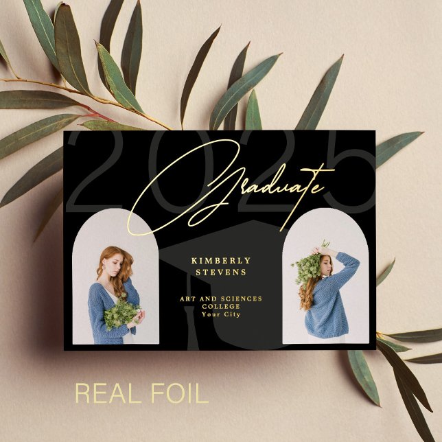 Class of 2025 minimalist elegant 2 photos graduate foil invitation (Creator Uploaded)
