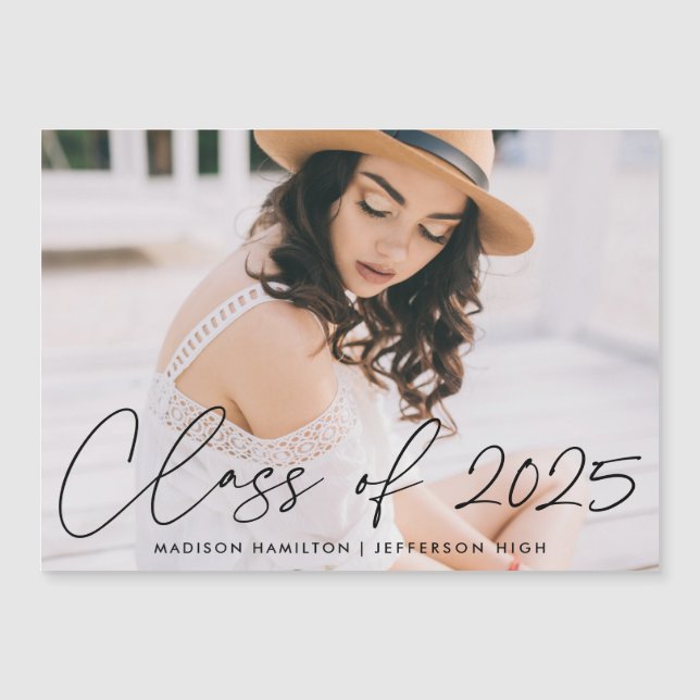 Class of 2025 Modern Black Script Photo Graduation Magnetic Invitation (Front)