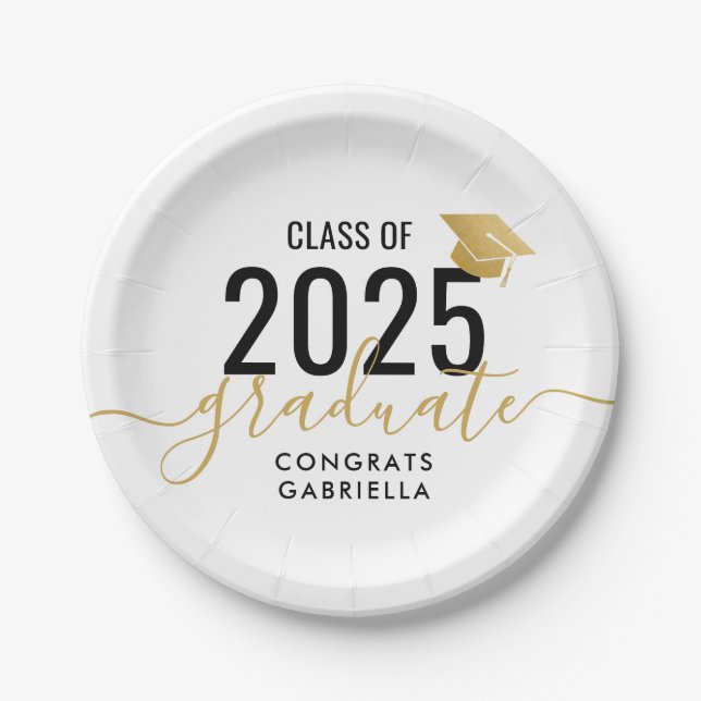 Class of 2025 Modern Gold and Black Graduation Paper Plates (Front)
