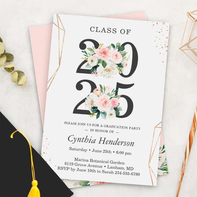 Class of 2025 Modern Gold Blush Floral Graduation Invitation (Creator Uploaded)