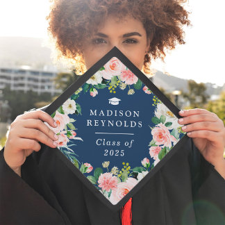Class of 2025 Navy Blue Blush Pink Floral Graduate Graduation Cap Topper